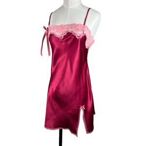 VICTORIA'S SECRET ANGELS Slip Dress Magenta Pink Red Lace Bow Sz S Satin Vtg Y2K